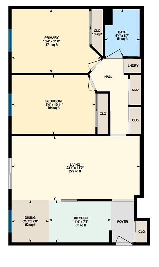 A floor plan of a house with a primary bedroom, a hallway, a living room, a dining room, a kitchen, a bathroom, and an attic space.